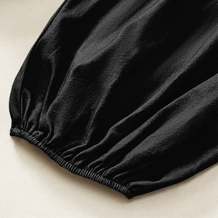 Buddha Stones Pantalones harem de algodón liso con estampado minimalista y cintura elástica para mujer, con bolsillos laterales. - image 6