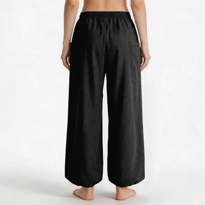 Buddha Stones Pantalones harem de algodón liso con estampado minimalista y cintura elástica para mujer, con bolsillos laterales. - image 2