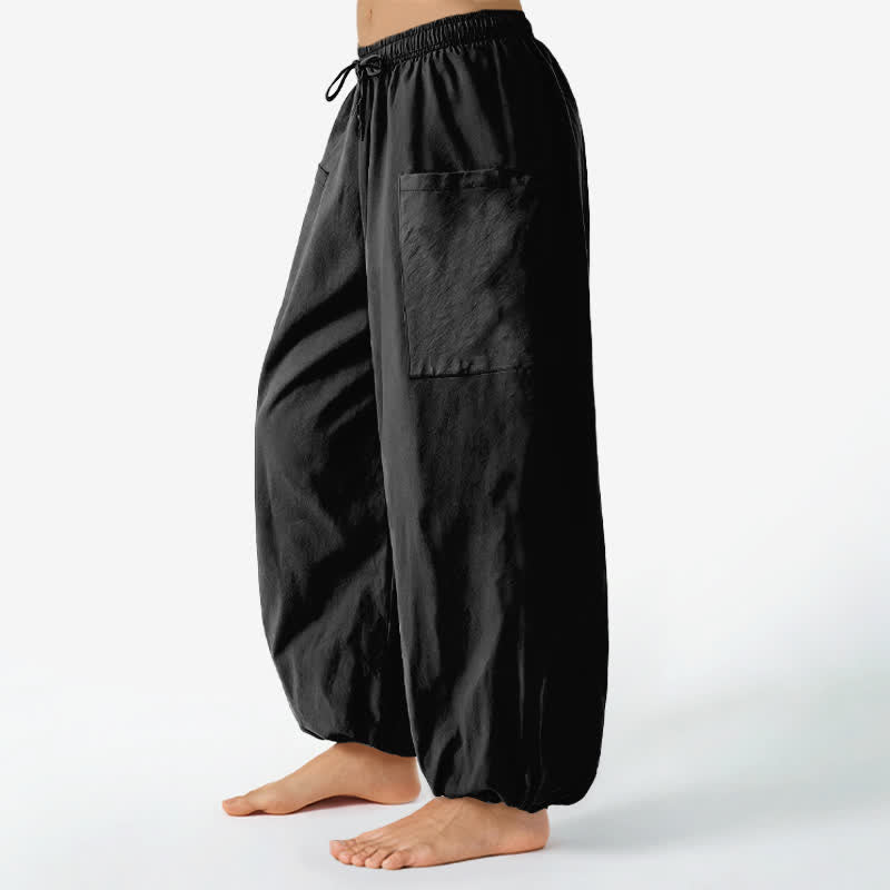 Buddha Stones Pantalones harem de algodón liso con estampado minimalista y cintura elástica para mujer, con bolsillos laterales. - image 1