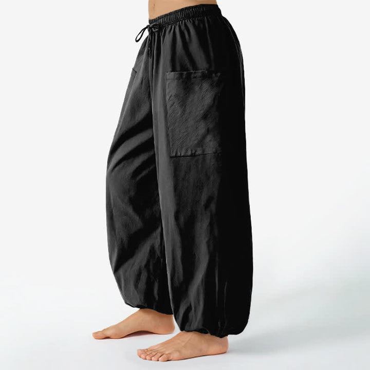 Buddha Stones Pantalones harem de algodón liso con estampado minimalista y cintura elástica para mujer, con bolsillos laterales. - image 1