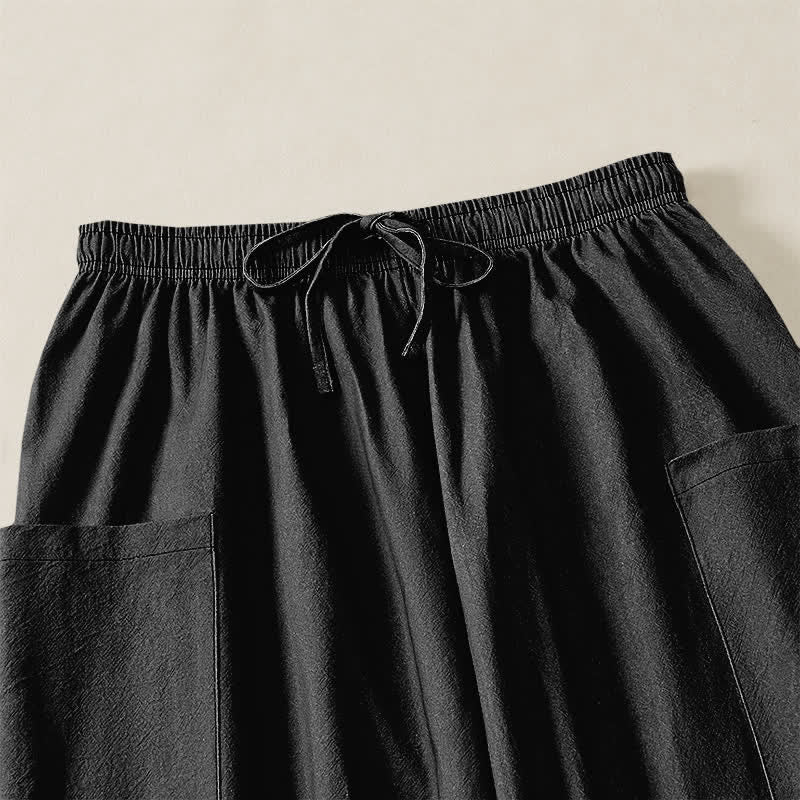 Buddha Stones Pantalones harem de algodón liso con estampado minimalista y cintura elástica para mujer, con bolsillos laterales. - image 5