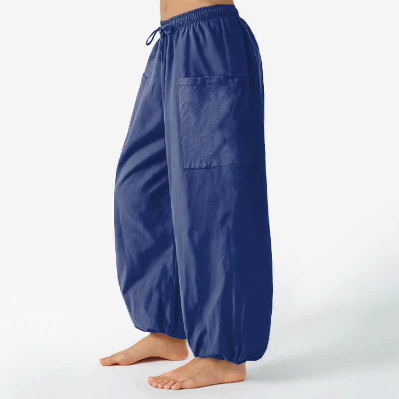 Buddha Stones Pantalones harem de algodón liso con estampado minimalista y cintura elástica para mujer, con bolsillos laterales. - image 8