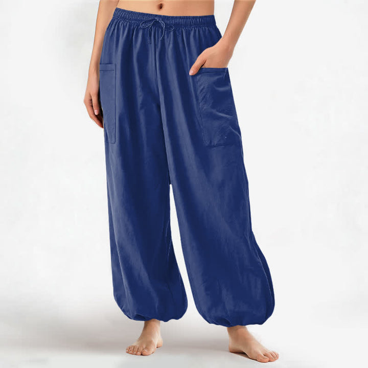 Buddha Stones Pantalones harem de algodón liso con estampado minimalista y cintura elástica para mujer, con bolsillos laterales. - Marina de guerra - US16，UK/AU20，EU48 (3XL) - image 7