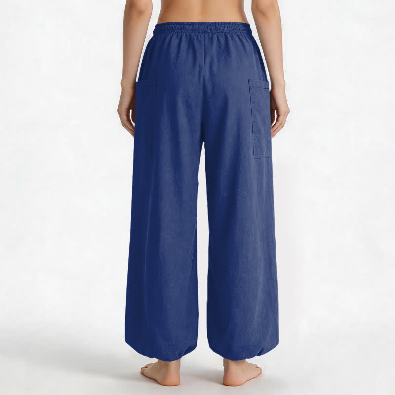 Buddha Stones Pantalones harem de algodón liso con estampado minimalista y cintura elástica para mujer, con bolsillos laterales. - image 9