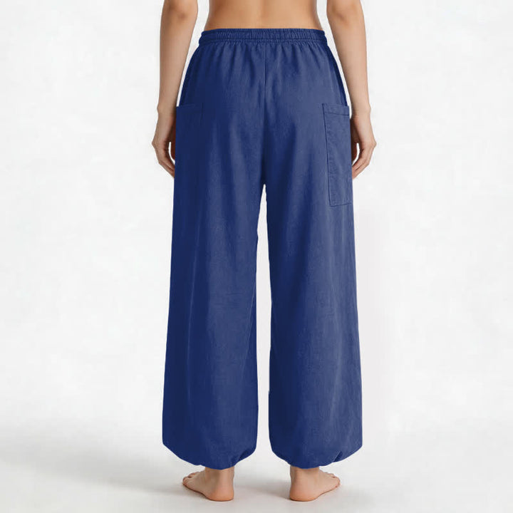 Buddha Stones Pantalones harem de algodón liso con estampado minimalista y cintura elástica para mujer, con bolsillos laterales. - image 9