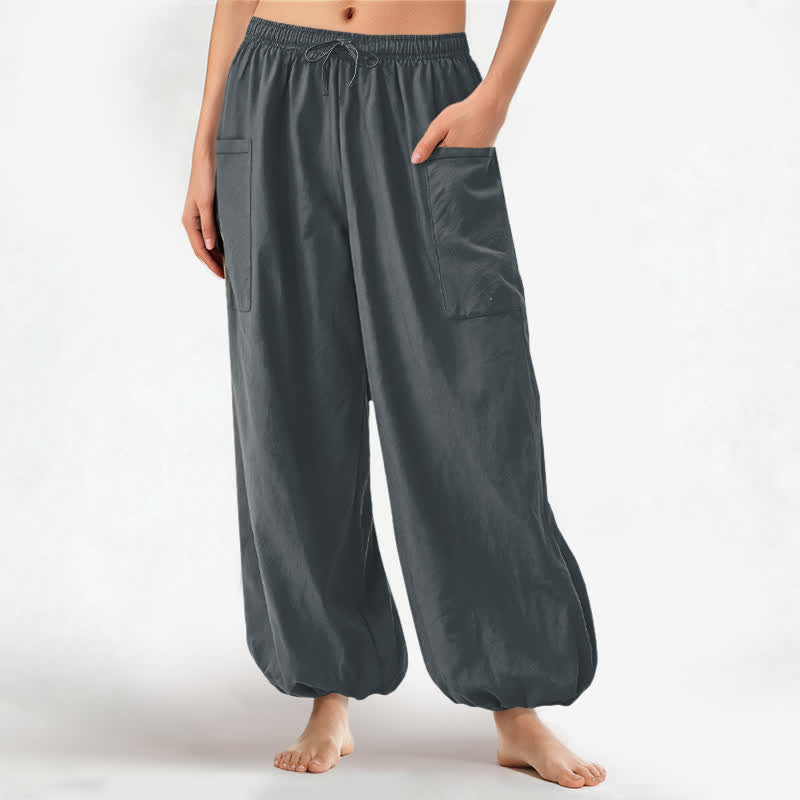 Buddha Stones Pantalones harem de algodón liso con estampado minimalista y cintura elástica para mujer, con bolsillos laterales. - Gris pizarra - US16，UK/AU20，EU48 (3XL) - image 10