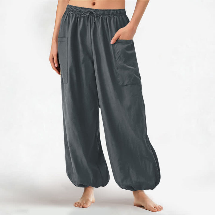 Buddha Stones Pantalones harem de algodón liso con estampado minimalista y cintura elástica para mujer, con bolsillos laterales. - Gris pizarra - US16，UK/AU20，EU48 (3XL) - image 10