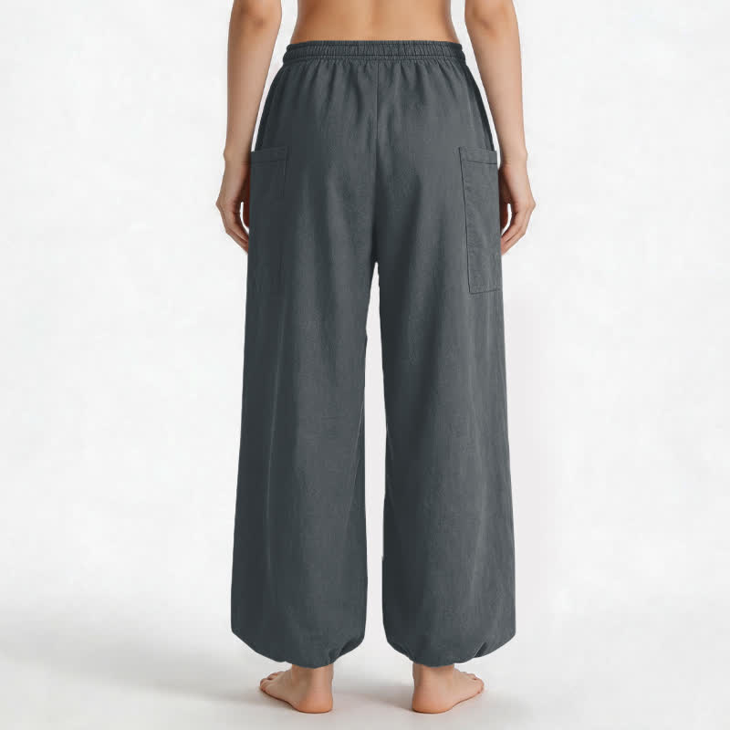 Buddha Stones Pantalones harem de algodón liso con estampado minimalista y cintura elástica para mujer, con bolsillos laterales. - image 12