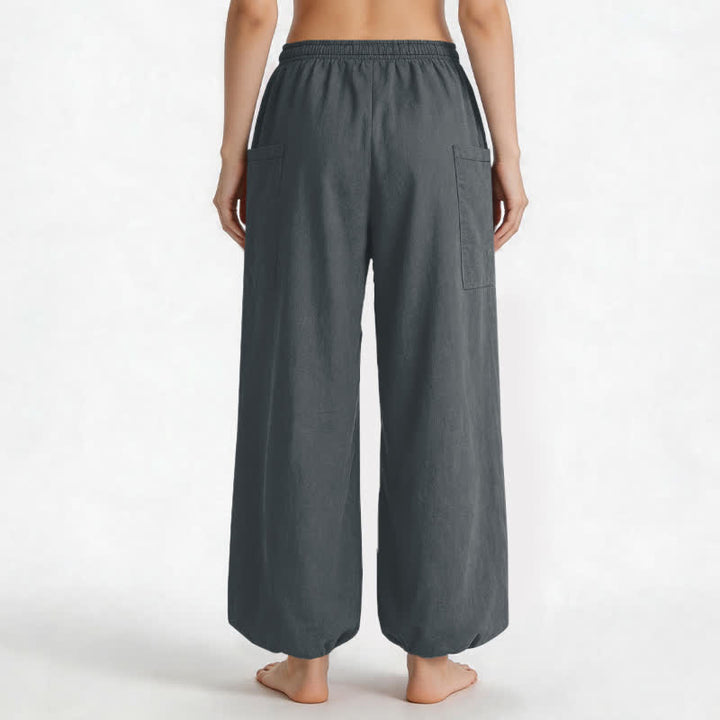 Buddha Stones Pantalones harem de algodón liso con estampado minimalista y cintura elástica para mujer, con bolsillos laterales. - image 12