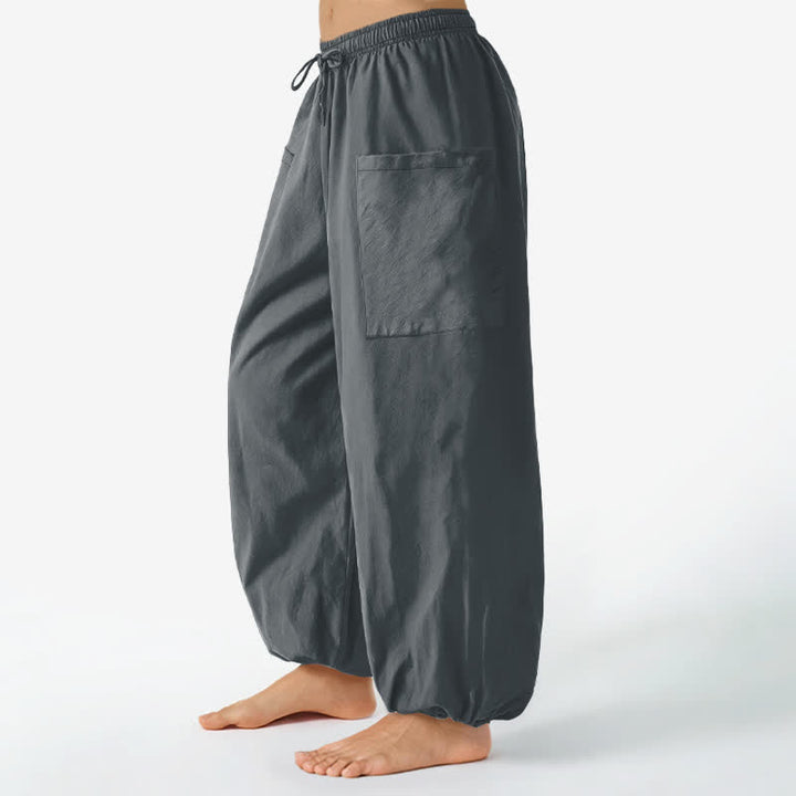 Buddha Stones Pantalones harem de algodón liso con estampado minimalista y cintura elástica para mujer, con bolsillos laterales. - image 11