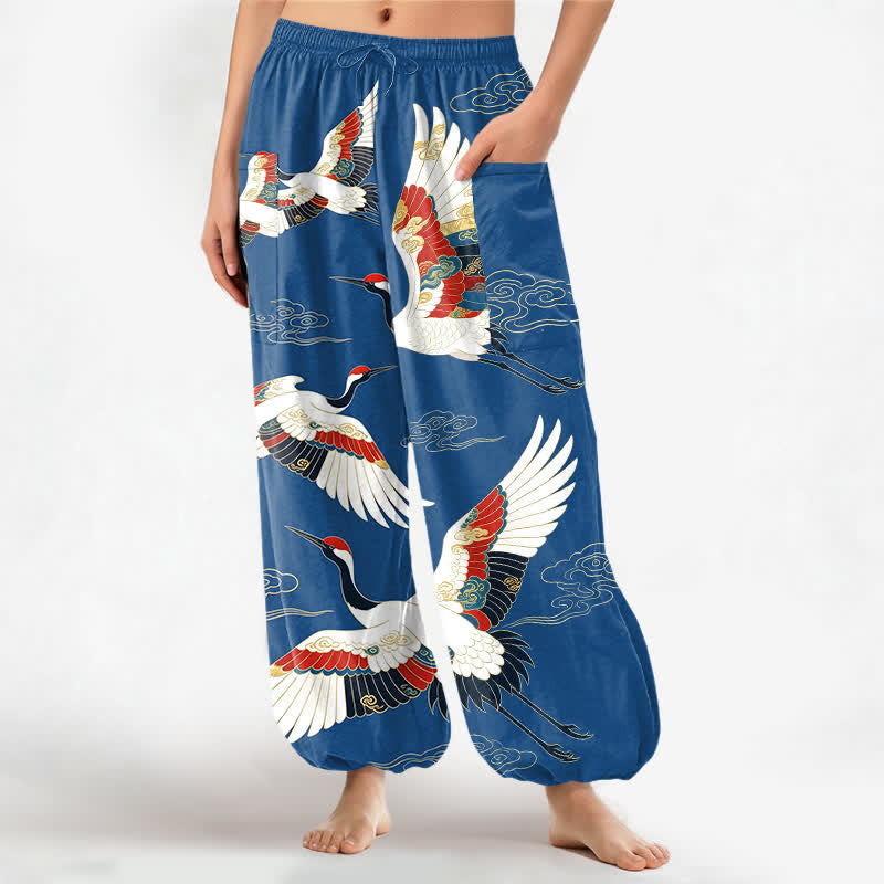 Buddha Stones Pantalones harem de algodón con estampado de grullas orientales y nubes, cintura elástica y bolsillos laterales para mujer. - Azul aciano - US16，UK/AU20，EU48 (3XL) - image 0