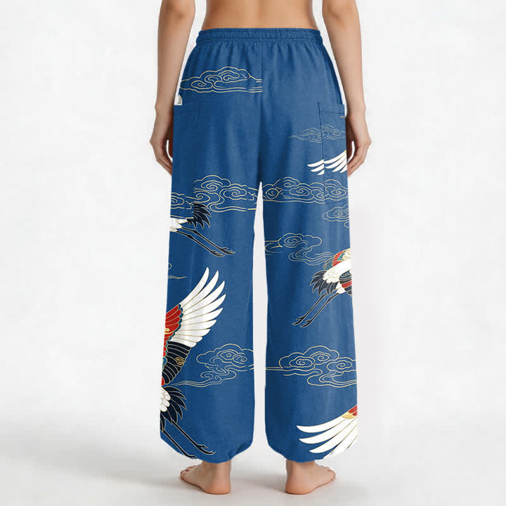 Buddha Stones Pantalones harem de algodón con estampado de grullas orientales y nubes, cintura elástica y bolsillos laterales para mujer. - image 2