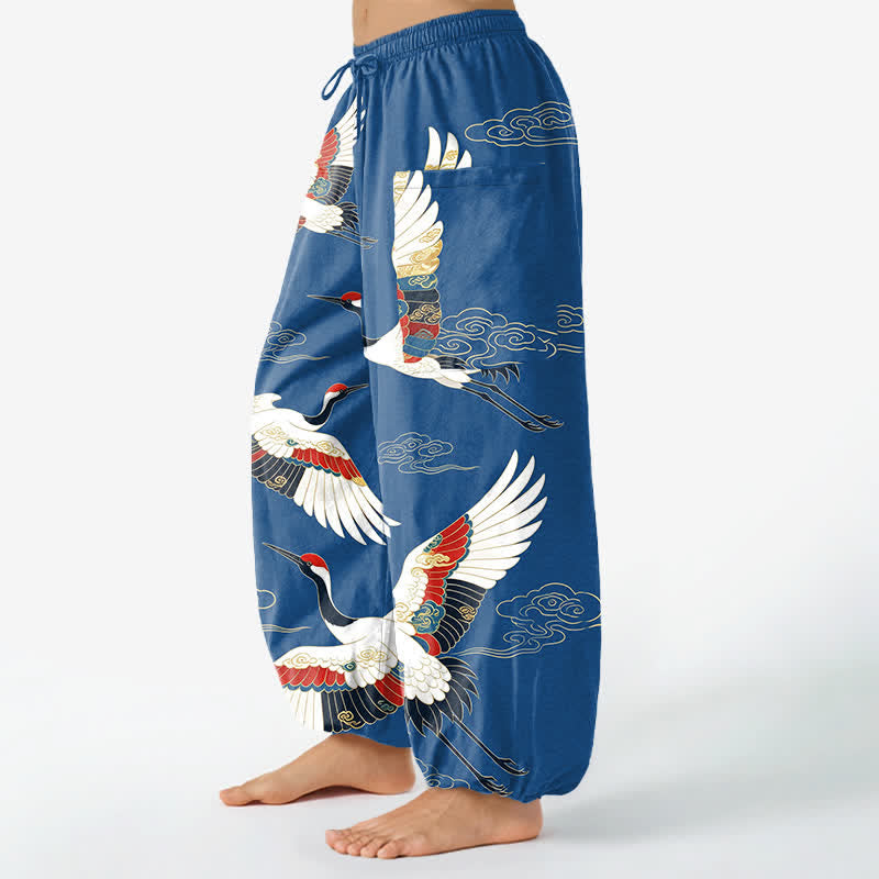 Buddha Stones Pantalones harem de algodón con estampado de grullas orientales y nubes, cintura elástica y bolsillos laterales para mujer. - image 1