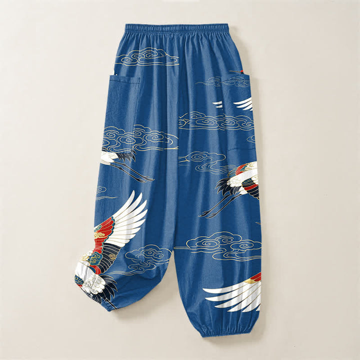 Buddha Stones Pantalones harem de algodón con estampado de grullas orientales y nubes, cintura elástica y bolsillos laterales para mujer. - image 4