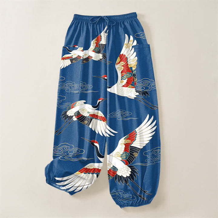 Buddha Stones Pantalones harem de algodón con estampado de grullas orientales y nubes, cintura elástica y bolsillos laterales para mujer. - image 3