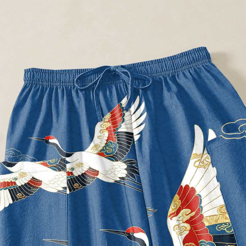 Buddha Stones Pantalones harem de algodón con estampado de grullas orientales y nubes, cintura elástica y bolsillos laterales para mujer. - image 5