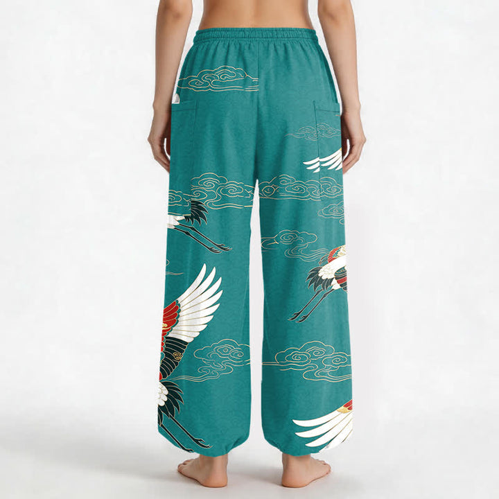Buddha Stones Pantalones harem de algodón con estampado de grullas orientales y nubes, cintura elástica y bolsillos laterales para mujer. - image 9