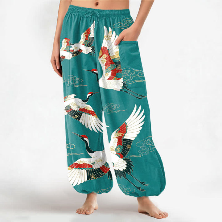 Buddha Stones Pantalones harem de algodón con estampado de grullas orientales y nubes, cintura elástica y bolsillos laterales para mujer. - Turquesa medio - US16，UK/AU20，EU48 (3XL) - image 7