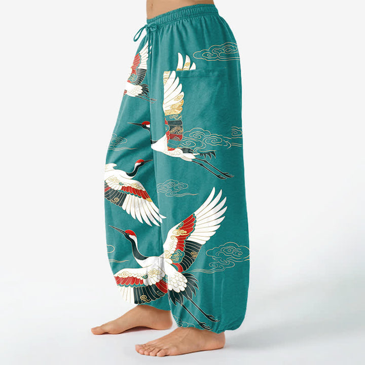 Buddha Stones Pantalones harem de algodón con estampado de grullas orientales y nubes, cintura elástica y bolsillos laterales para mujer. - image 8