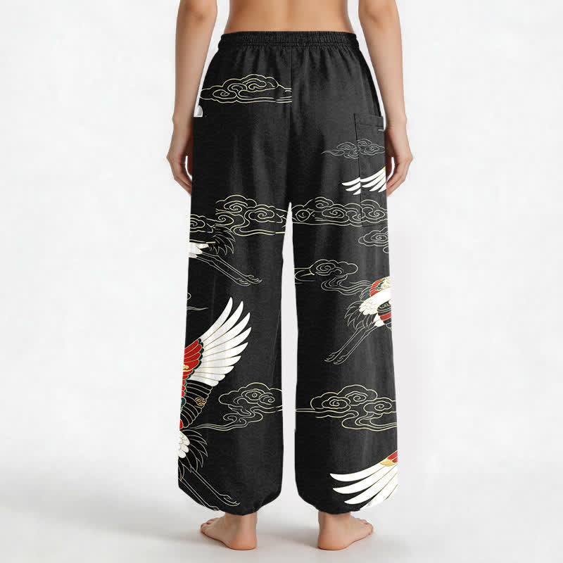 Buddha Stones Pantalones harem de algodón con estampado de grullas orientales y nubes, cintura elástica y bolsillos laterales para mujer. - image 12
