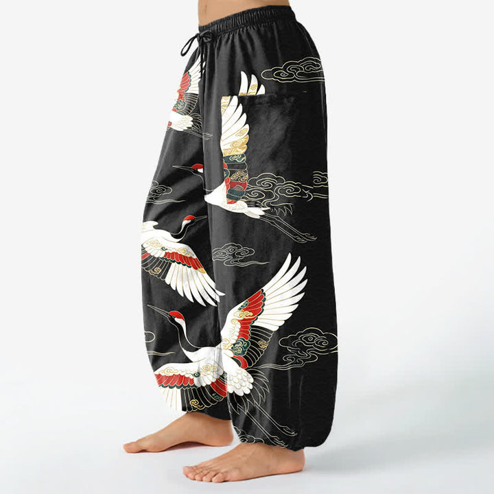 Buddha Stones Pantalones harem de algodón con estampado de grullas orientales y nubes, cintura elástica y bolsillos laterales para mujer. - image 11