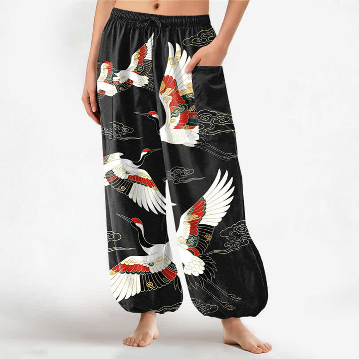 Buddha Stones Pantalones harem de algodón con estampado de grullas orientales y nubes, cintura elástica y bolsillos laterales para mujer. - Negro - US16，UK/AU20，EU48 (3XL) - image 10