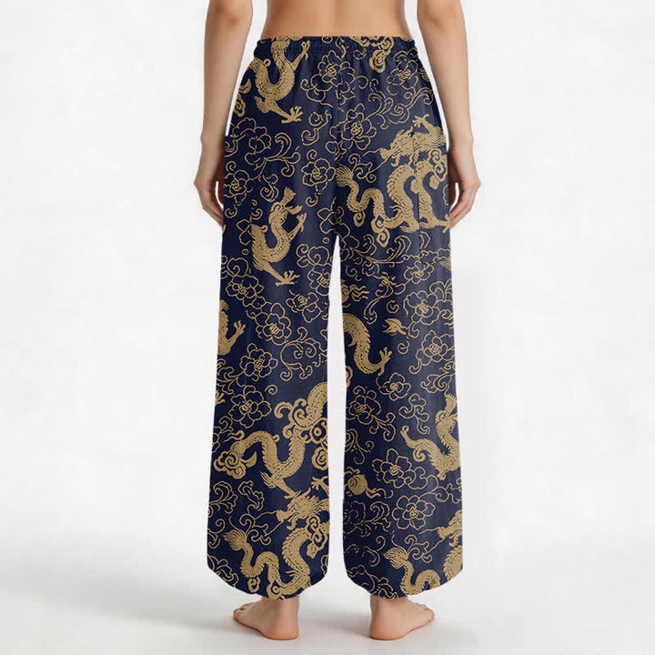 Buddha Stones Pantalones harem de algodón con estampado de flores de dragón dorado para mujer, cintura elástica y bolsillos laterales. - image 2