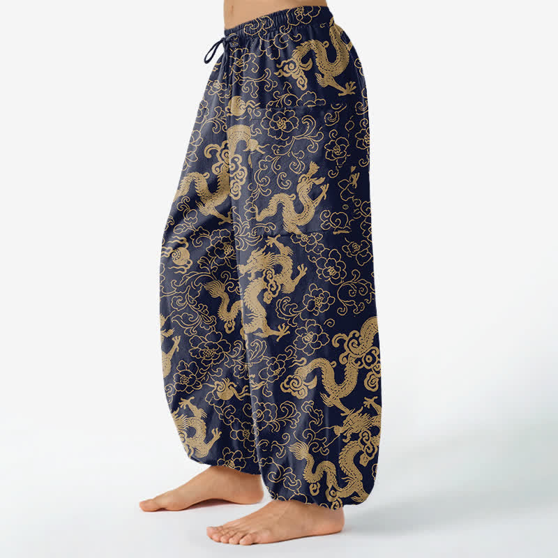 Buddha Stones Pantalones harem de algodón con estampado de flores de dragón dorado para mujer, cintura elástica y bolsillos laterales. - image 1