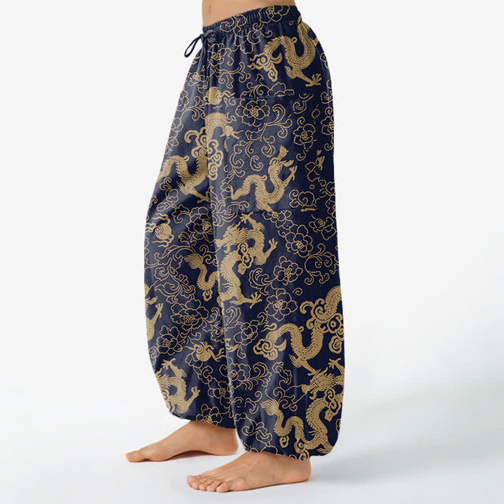 Buddha Stones Pantalones harem de algodón con estampado de flores de dragón dorado para mujer, cintura elástica y bolsillos laterales. - image 1