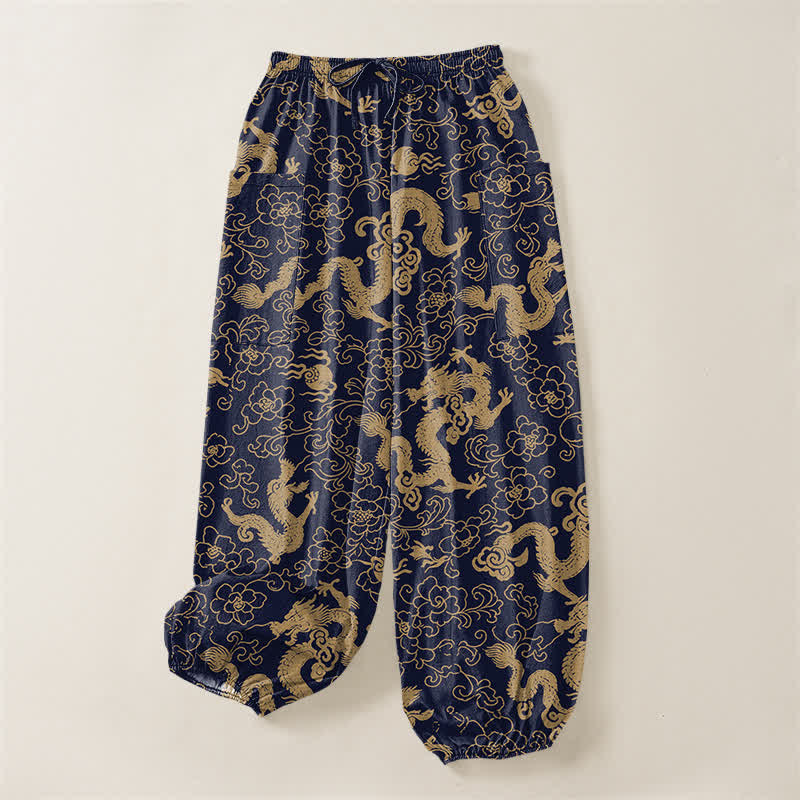 Buddha Stones Pantalones harem de algodón con estampado de flores de dragón dorado para mujer, cintura elástica y bolsillos laterales. - image 3