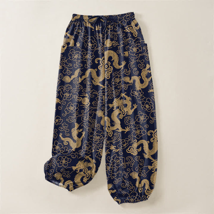 Buddha Stones Pantalones harem de algodón con estampado de flores de dragón dorado para mujer, cintura elástica y bolsillos laterales. - image 3