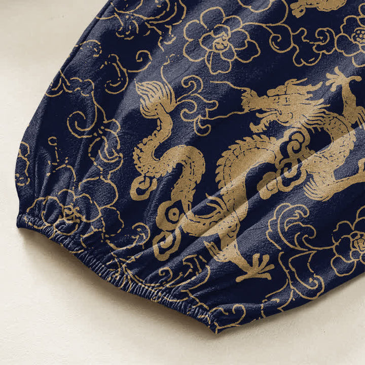 Buddha Stones Pantalones harem de algodón con estampado de flores de dragón dorado para mujer, cintura elástica y bolsillos laterales. - image 6