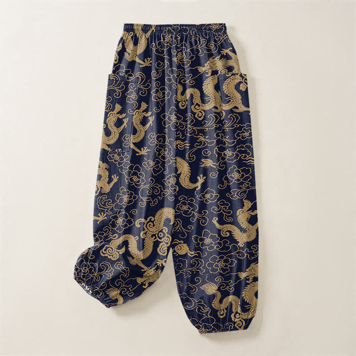 Buddha Stones Pantalones harem de algodón con estampado de flores de dragón dorado para mujer, cintura elástica y bolsillos laterales. - image 4