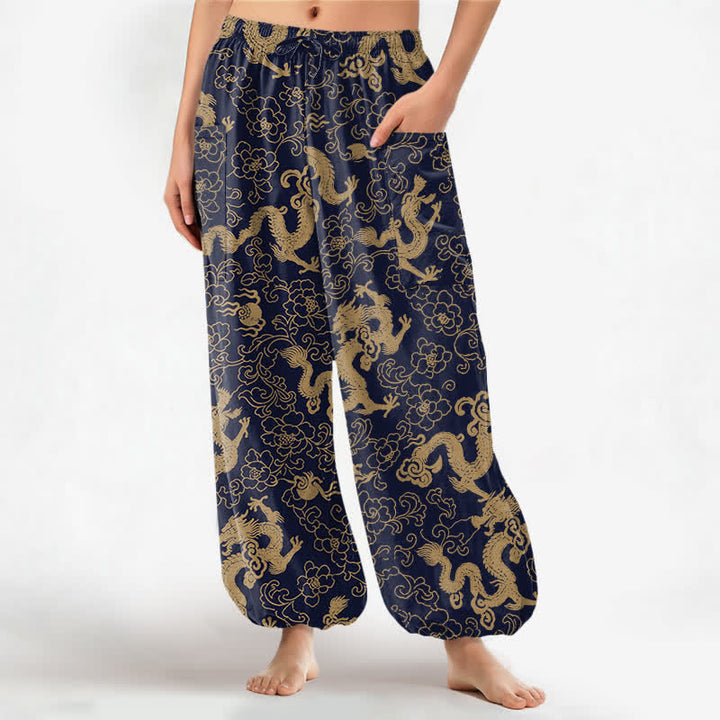 Buddha Stones Pantalones harem de algodón con estampado de flores de dragón dorado para mujer, cintura elástica y bolsillos laterales. - Marina de guerra - US16，UK/AU20，EU48 (3XL) - image 0