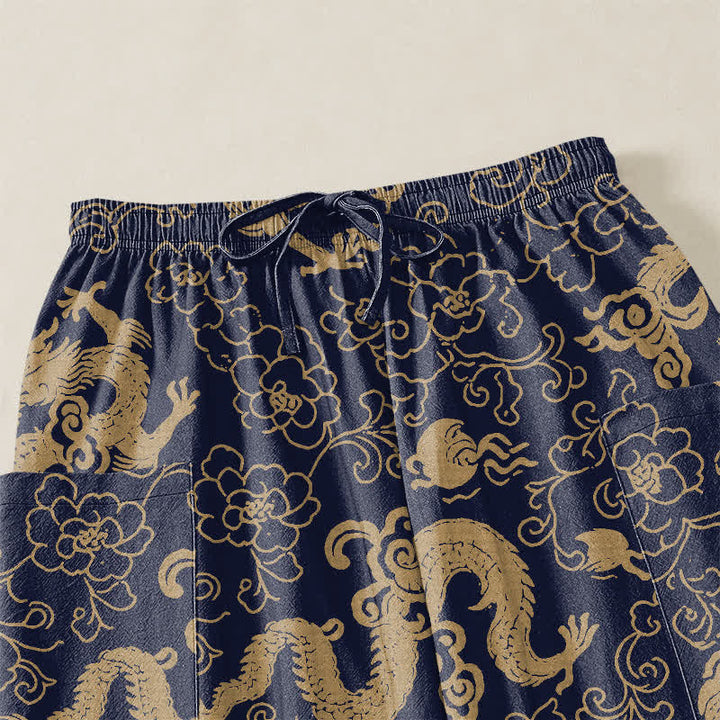 Buddha Stones Pantalones harem de algodón con estampado de flores de dragón dorado para mujer, cintura elástica y bolsillos laterales. - image 5