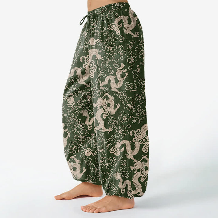 Buddha Stones Pantalones harem de algodón con estampado de flores de dragón dorado para mujer, cintura elástica y bolsillos laterales. - image 8