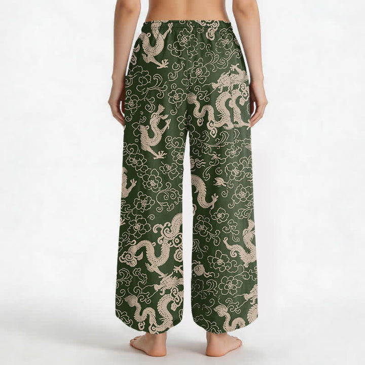 Buddha Stones Pantalones harem de algodón con estampado de flores de dragón dorado para mujer, cintura elástica y bolsillos laterales. - image 9