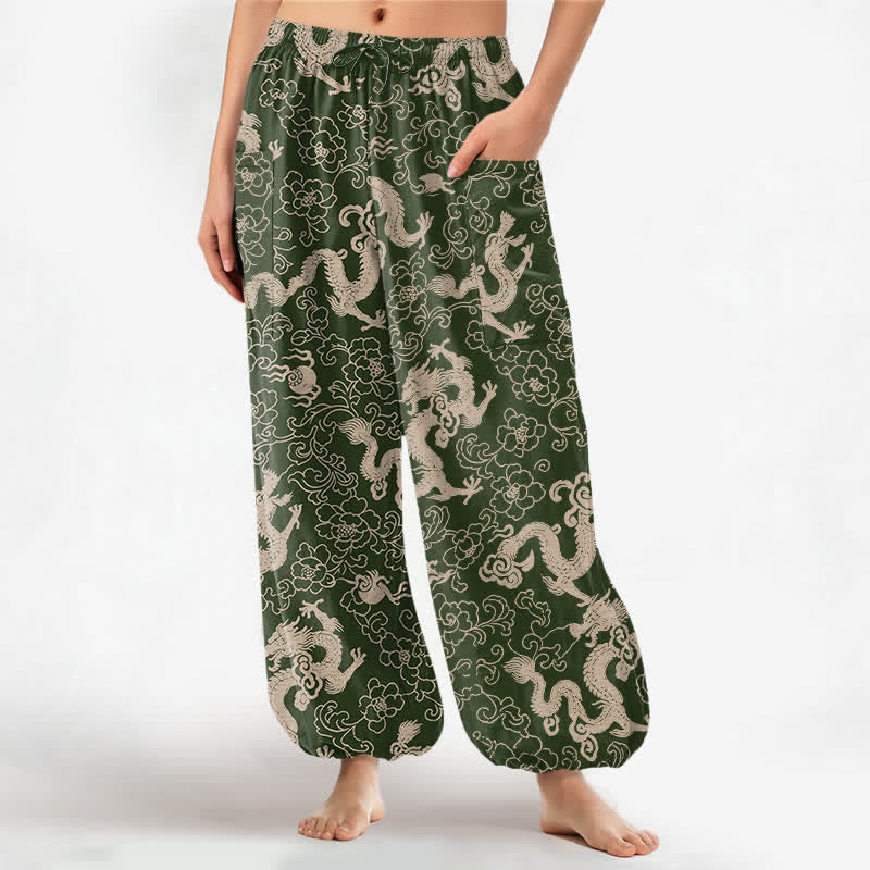 Buddha Stones Pantalones harem de algodón con estampado de flores de dragón dorado para mujer, cintura elástica y bolsillos laterales. - Verde bosque - US16，UK/AU20，EU48 (3XL) - image 7