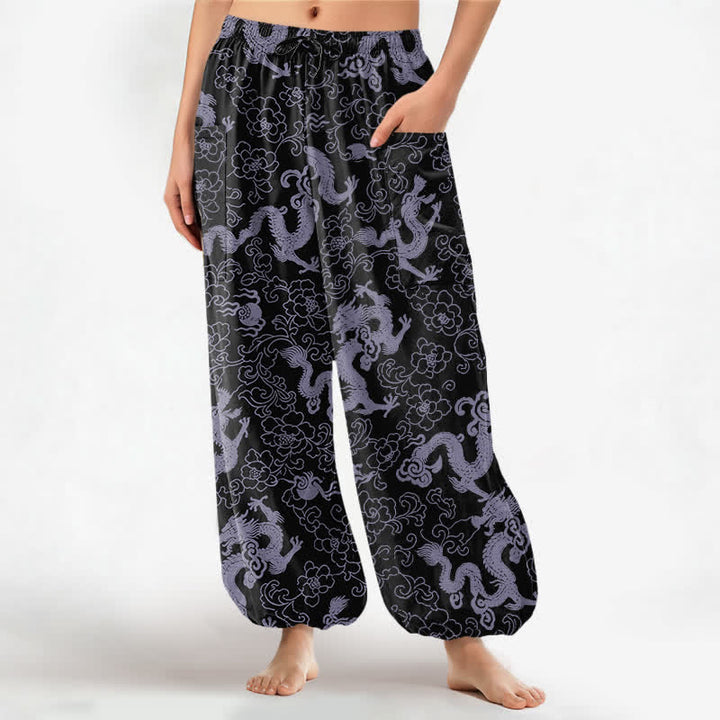 Buddha Stones Pantalones harem de algodón con estampado de flores de dragón dorado para mujer, cintura elástica y bolsillos laterales. - Negro - US16，UK/AU20，EU48 (3XL) - image 10