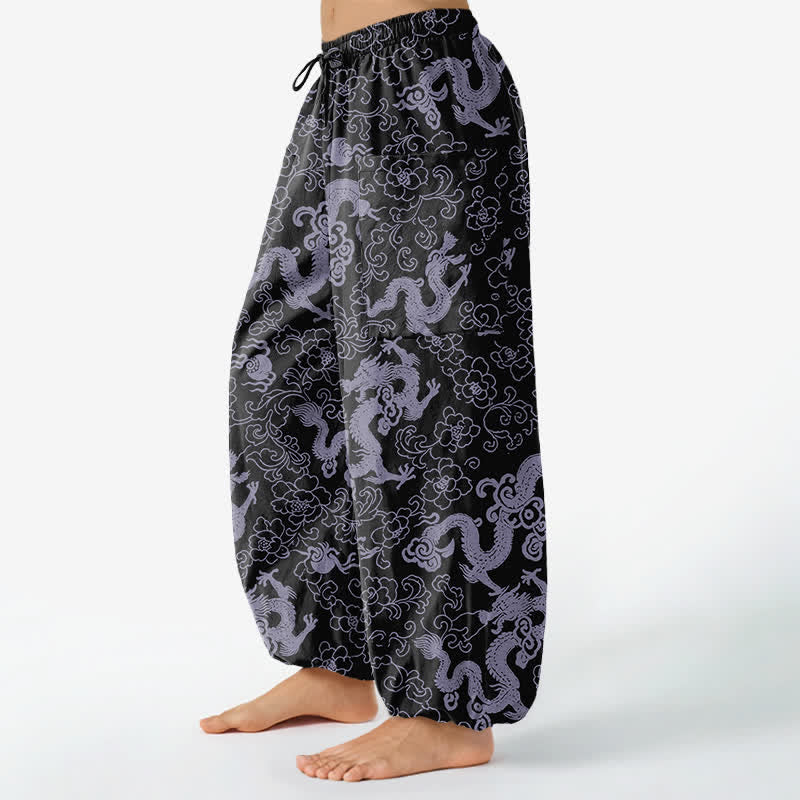 Buddha Stones Pantalones harem de algodón con estampado de flores de dragón dorado para mujer, cintura elástica y bolsillos laterales. - image 11