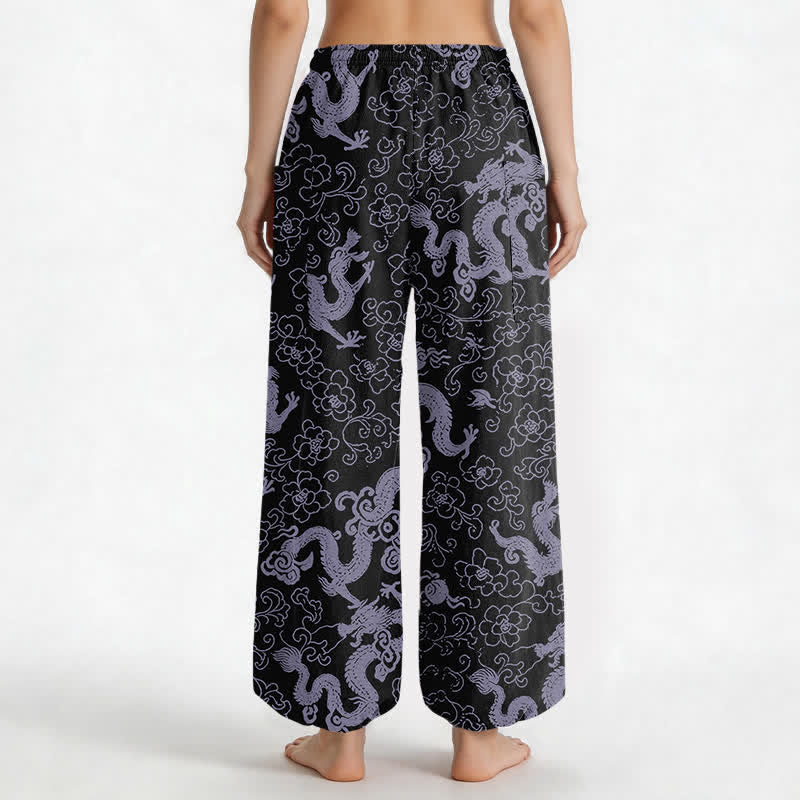 Buddha Stones Pantalones harem de algodón con estampado de flores de dragón dorado para mujer, cintura elástica y bolsillos laterales. - image 12