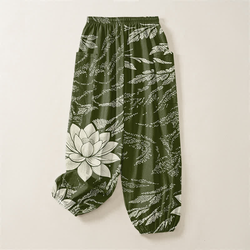 Buddha Stones Pantalones harem de algodón con estampado botánico de loto y color oliva para mujer, con cintura elástica y bolsillos laterales. - image 4