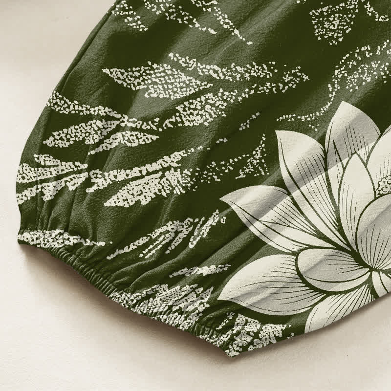 Buddha Stones Pantalones harem de algodón con estampado botánico de loto y color oliva para mujer, con cintura elástica y bolsillos laterales. - image 6