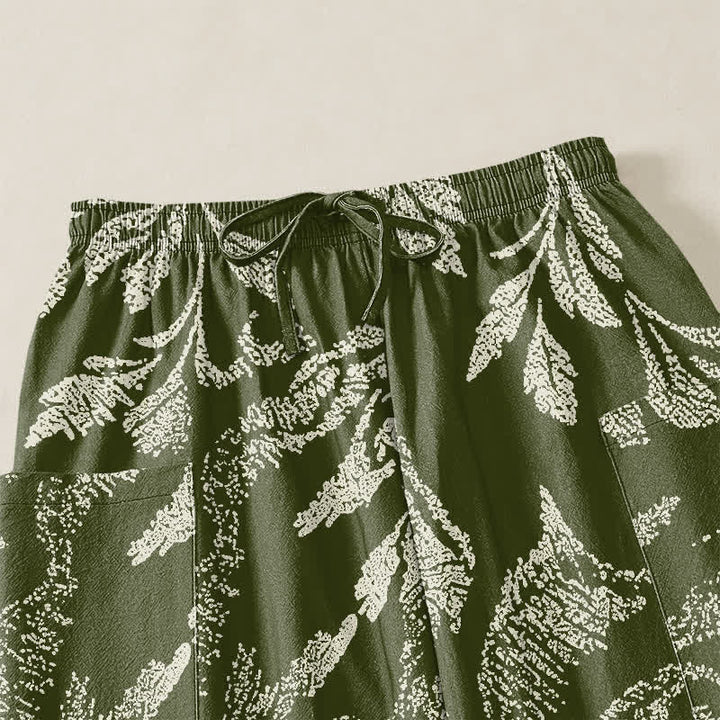 Buddha Stones Pantalones harem de algodón con estampado botánico de loto y color oliva para mujer, con cintura elástica y bolsillos laterales. - image 5