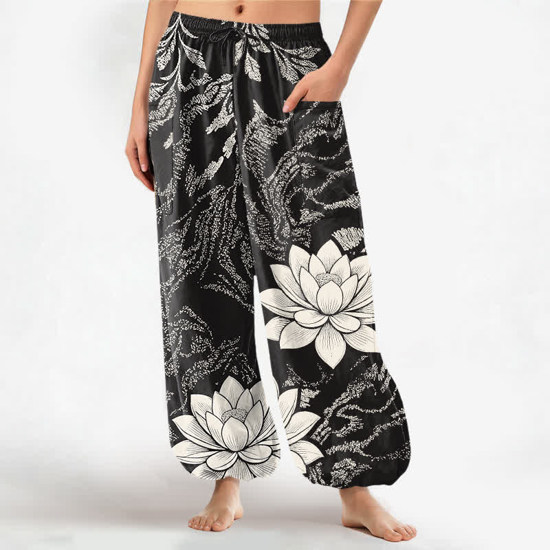 Buddha Stones Pantalones harem de algodón con estampado botánico de loto y color oliva para mujer, con cintura elástica y bolsillos laterales. - Negro - US16，UK/AU20，EU48 (3XL) - image 7