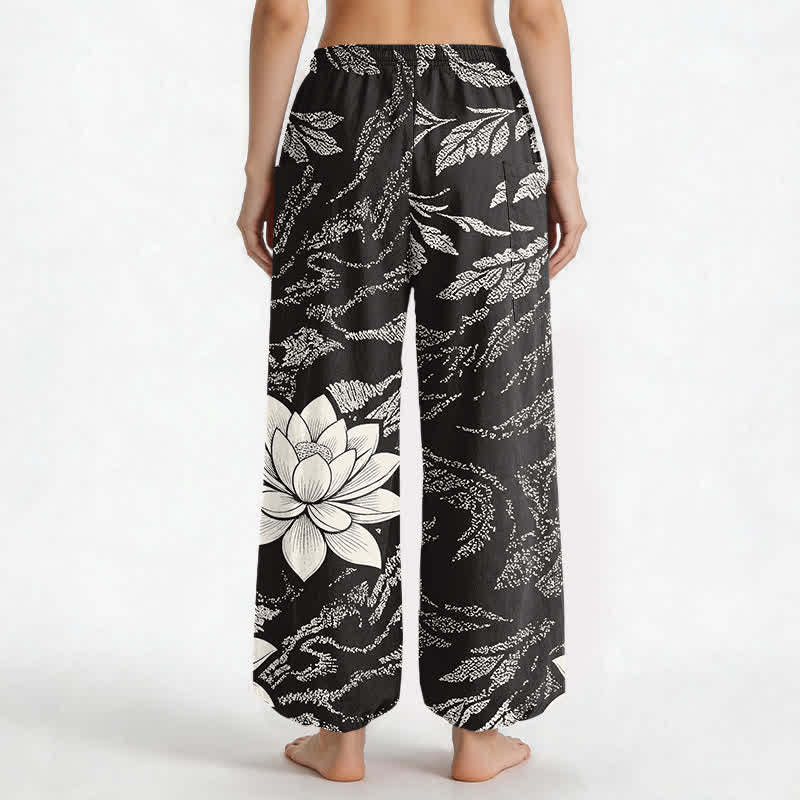 Buddha Stones Pantalones harem de algodón con estampado botánico de loto y color oliva para mujer, con cintura elástica y bolsillos laterales. - image 9