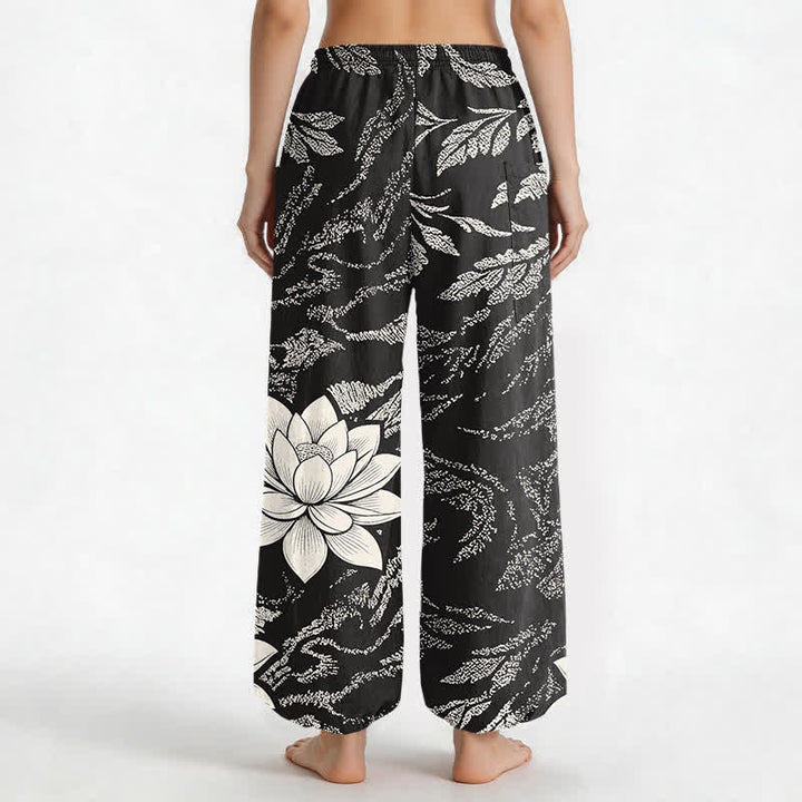 Buddha Stones Pantalones harem de algodón con estampado botánico de loto y color oliva para mujer, con cintura elástica y bolsillos laterales. - image 9
