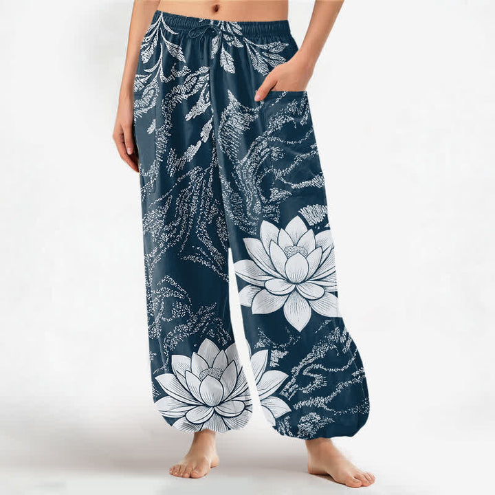 Buddha Stones Pantalones harem de algodón con estampado botánico de loto y color oliva para mujer, con cintura elástica y bolsillos laterales. - Verde azulado - US16，UK/AU20，EU48 (3XL) - image 10