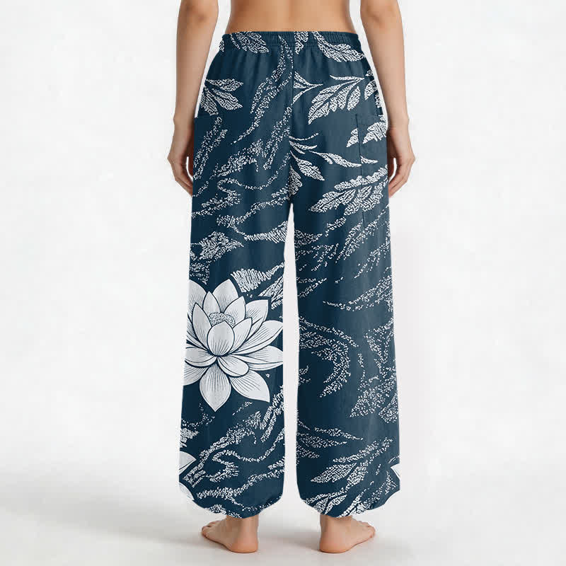 Buddha Stones Pantalones harem de algodón con estampado botánico de loto y color oliva para mujer, con cintura elástica y bolsillos laterales. - image 12