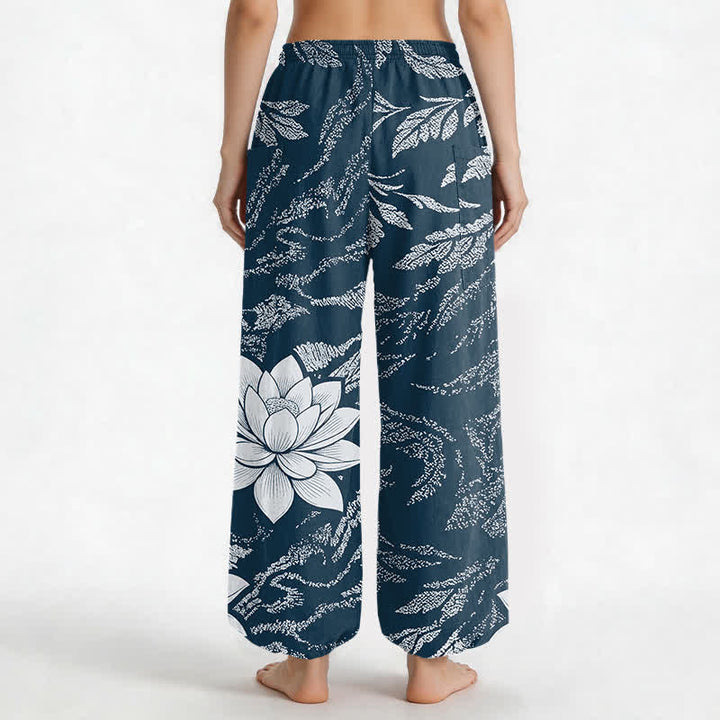 Buddha Stones Pantalones harem de algodón con estampado botánico de loto y color oliva para mujer, con cintura elástica y bolsillos laterales. - image 12